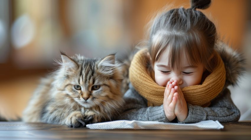 Mädchen mit Katzenhaarallergie niest neben seinem Haustier zu Hause und veranschaulicht das Konzept der Allergien