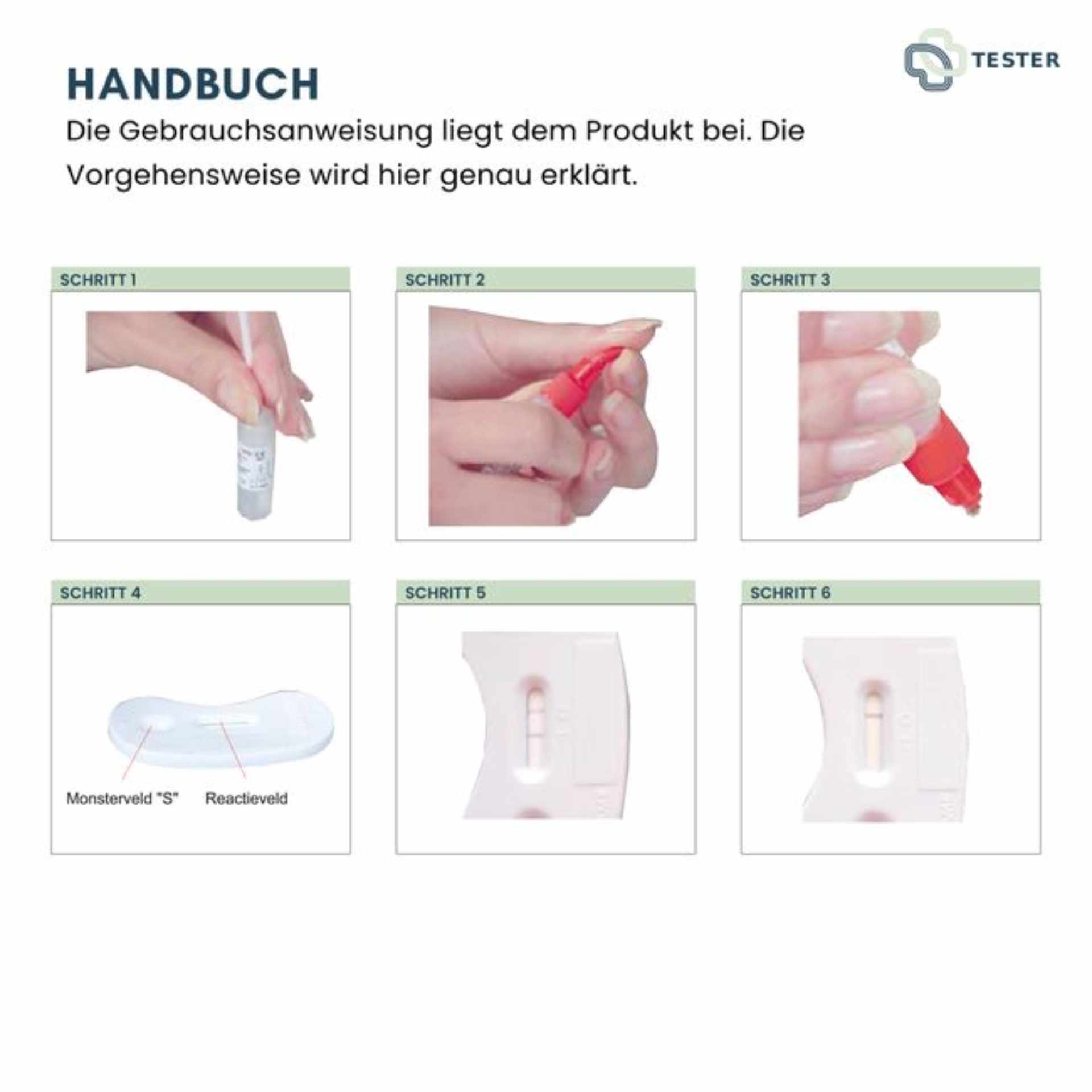 Anleitung zur Anwendung des Chlamydien Schnelltest Frauen mit sechs Anwendungsschritten