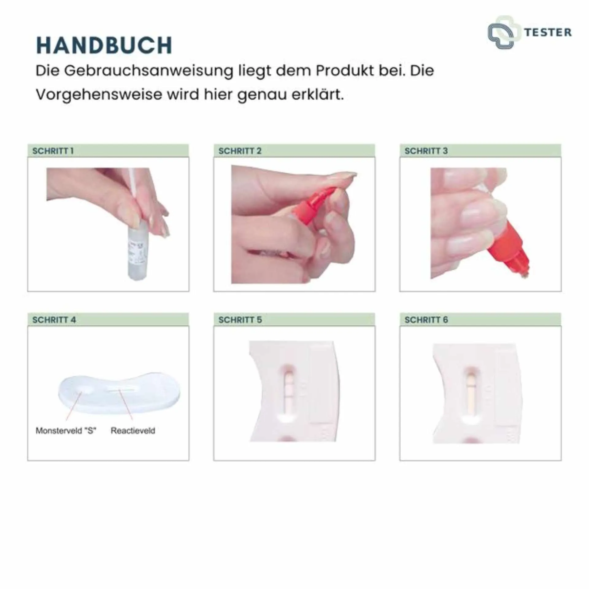 Anleitung zur Anwendung des Chlamydien Schnelltest Frauen mit sechs Anwendungsschritten