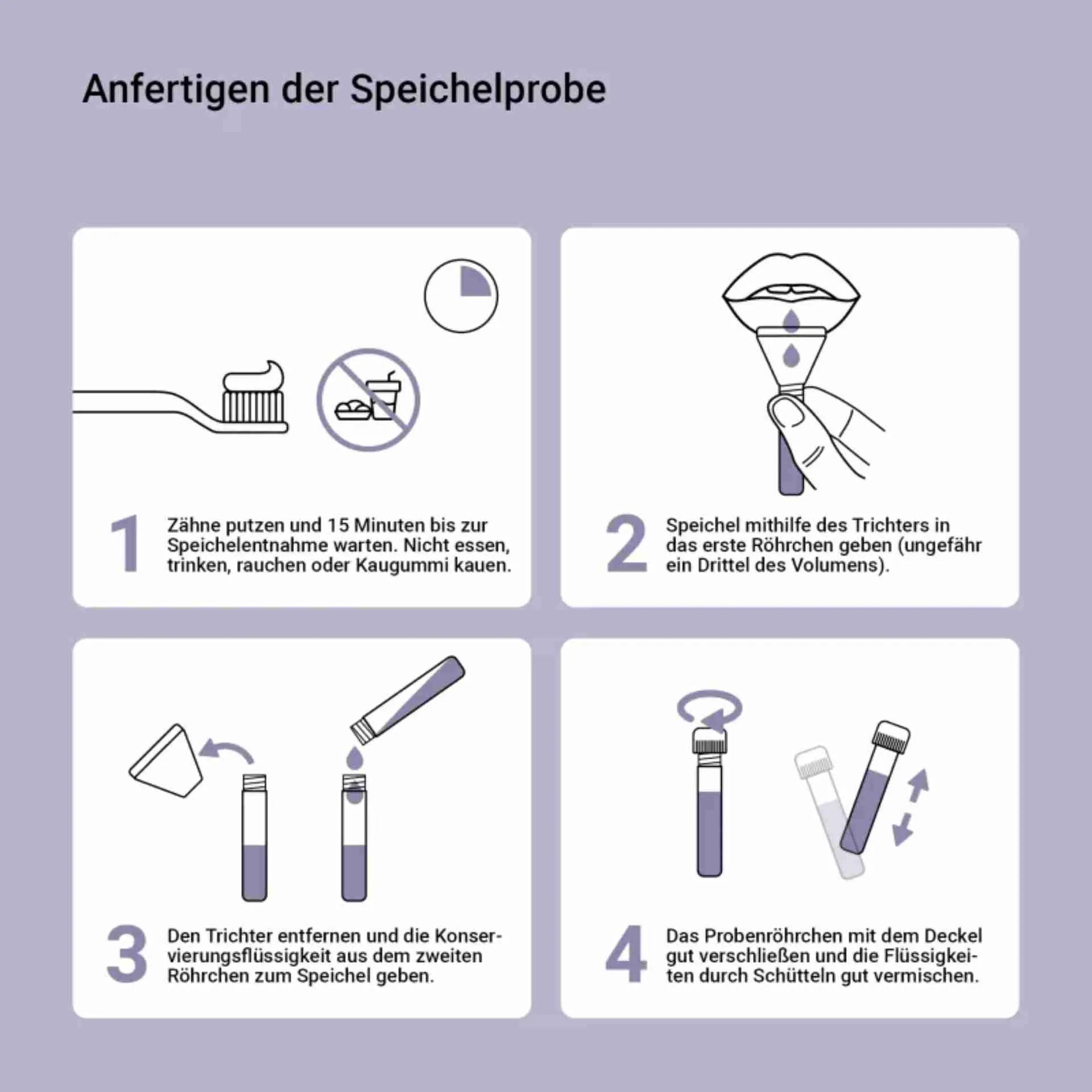 Speichelprobe Anleitung Weight-Balance DNA-Test: Zähne putzen, 15 Minuten warten, Speichel in Röhrchen füllen