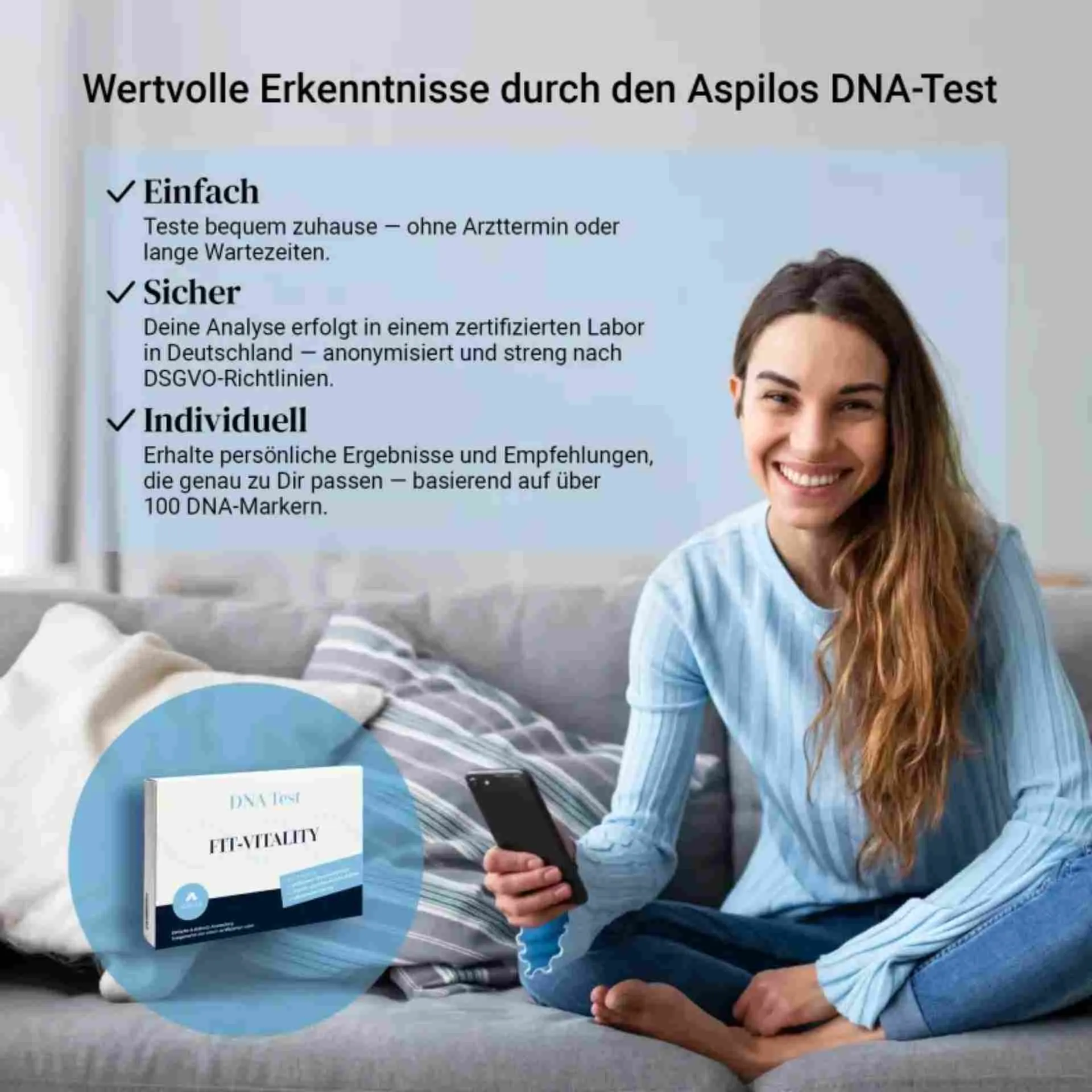 Vorteile des Fit-Vitality DNA-Tests: einfache Heimanwendung, ISO-Labor Deutschland, DSGVO-konform
