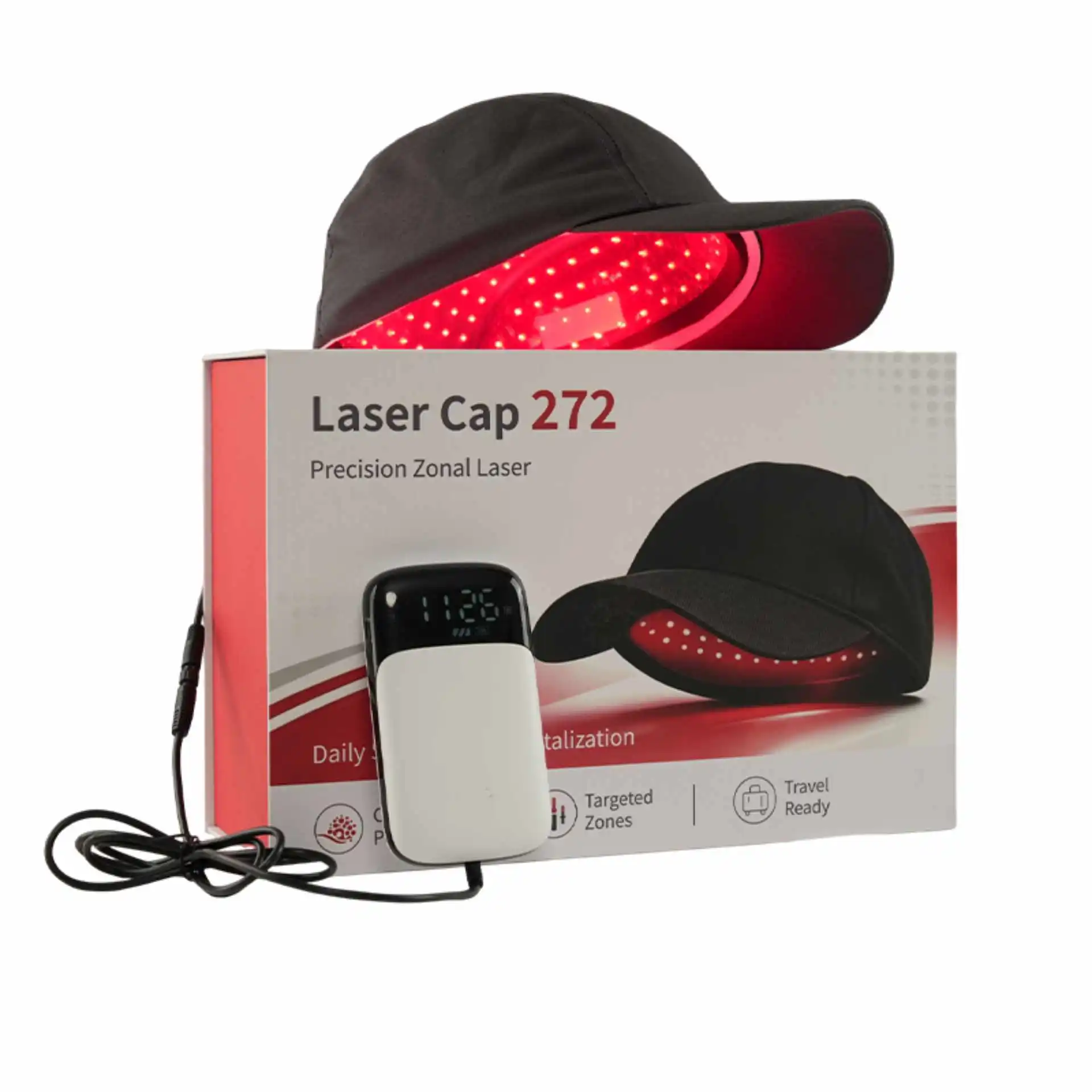 Laser Cap 272 aufgeklappt – innere Laserkappe mit 272 Dioden und äußere Kappe mit Controller und Timer