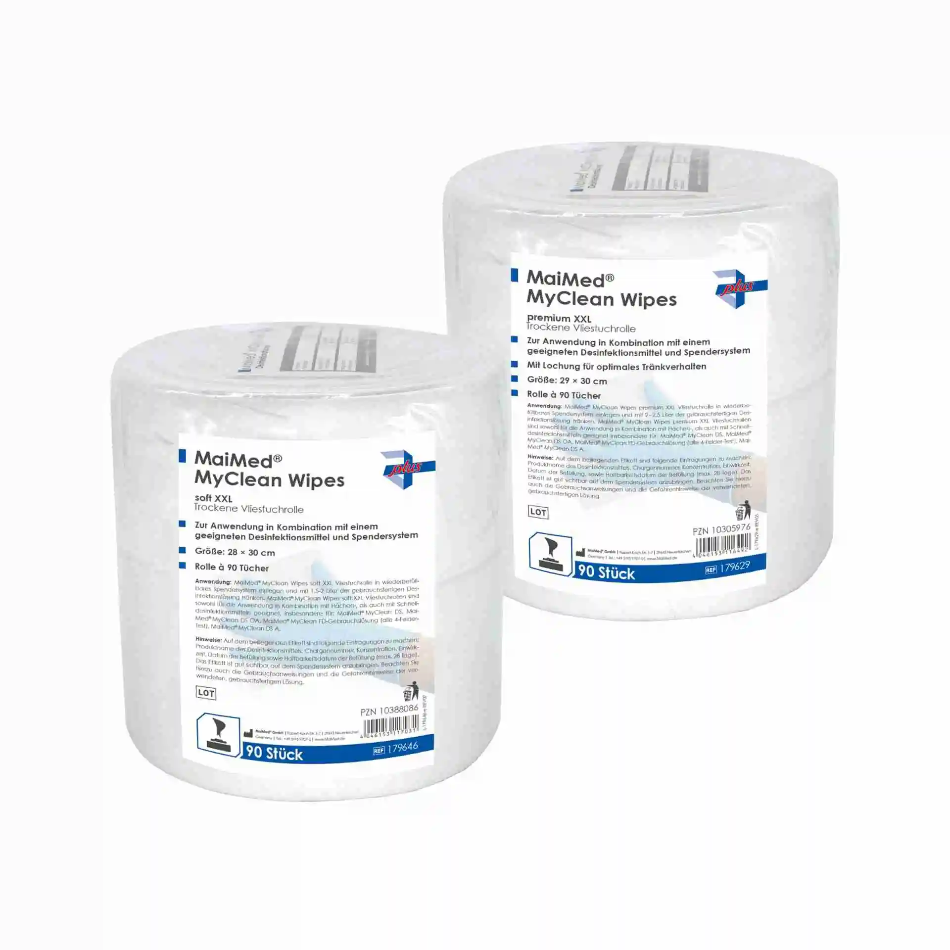 MaiMed® MyClean Wipes premium – trockene Vliestuchrolle mit Lochung, L-Format 140 Blatt und XXL-Format 90 Blatt