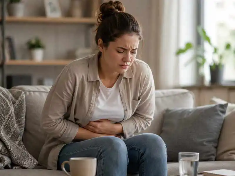 Person mit Magen-Darm-Beschwerden im Alltag