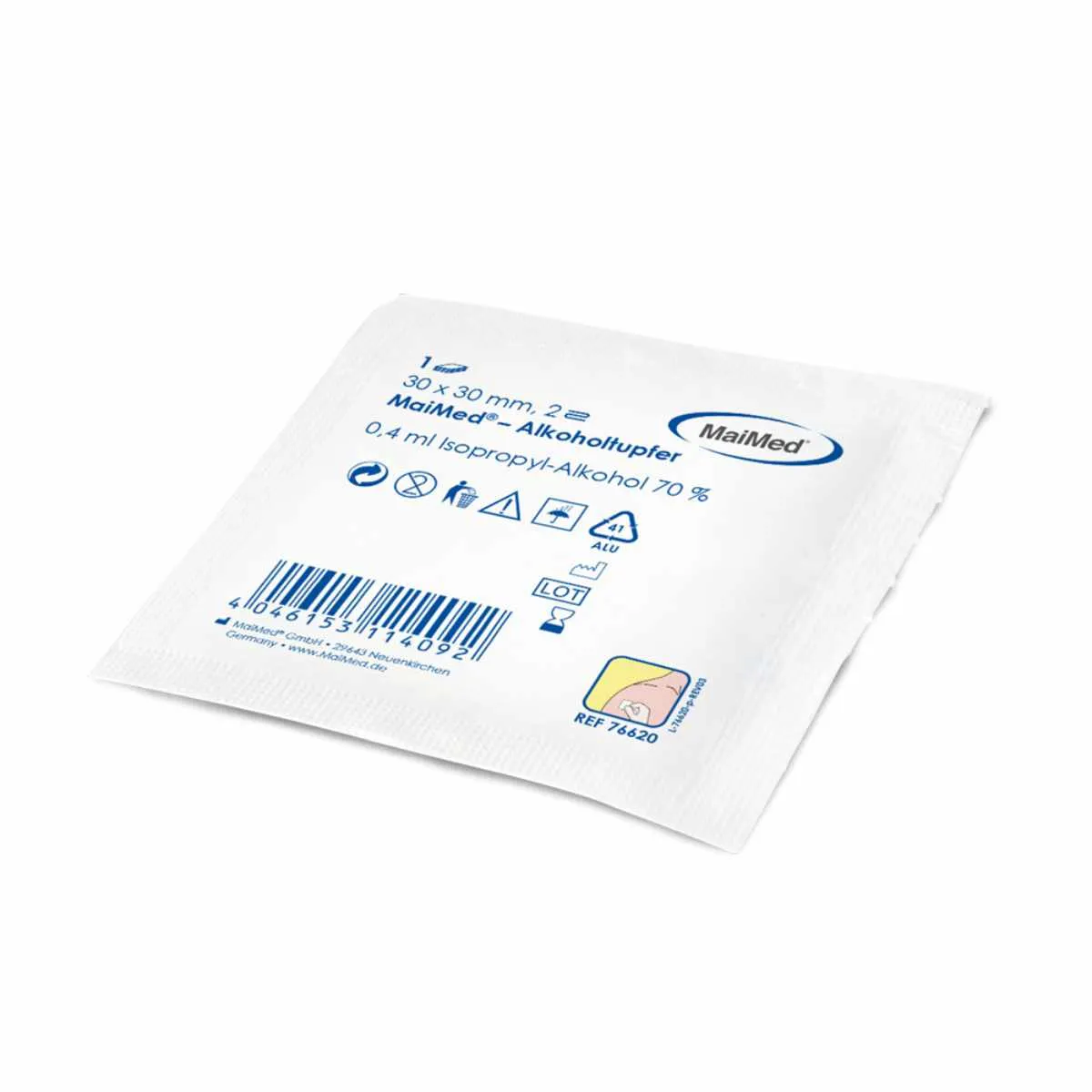 Einzeln verpackter MaiMed Alkoholtupfer mit 70 % Isopropylalkohol zur schnellen und hygienischen Reinigung sowie Desinfektion der Haut vor medizinischen Eingriffen