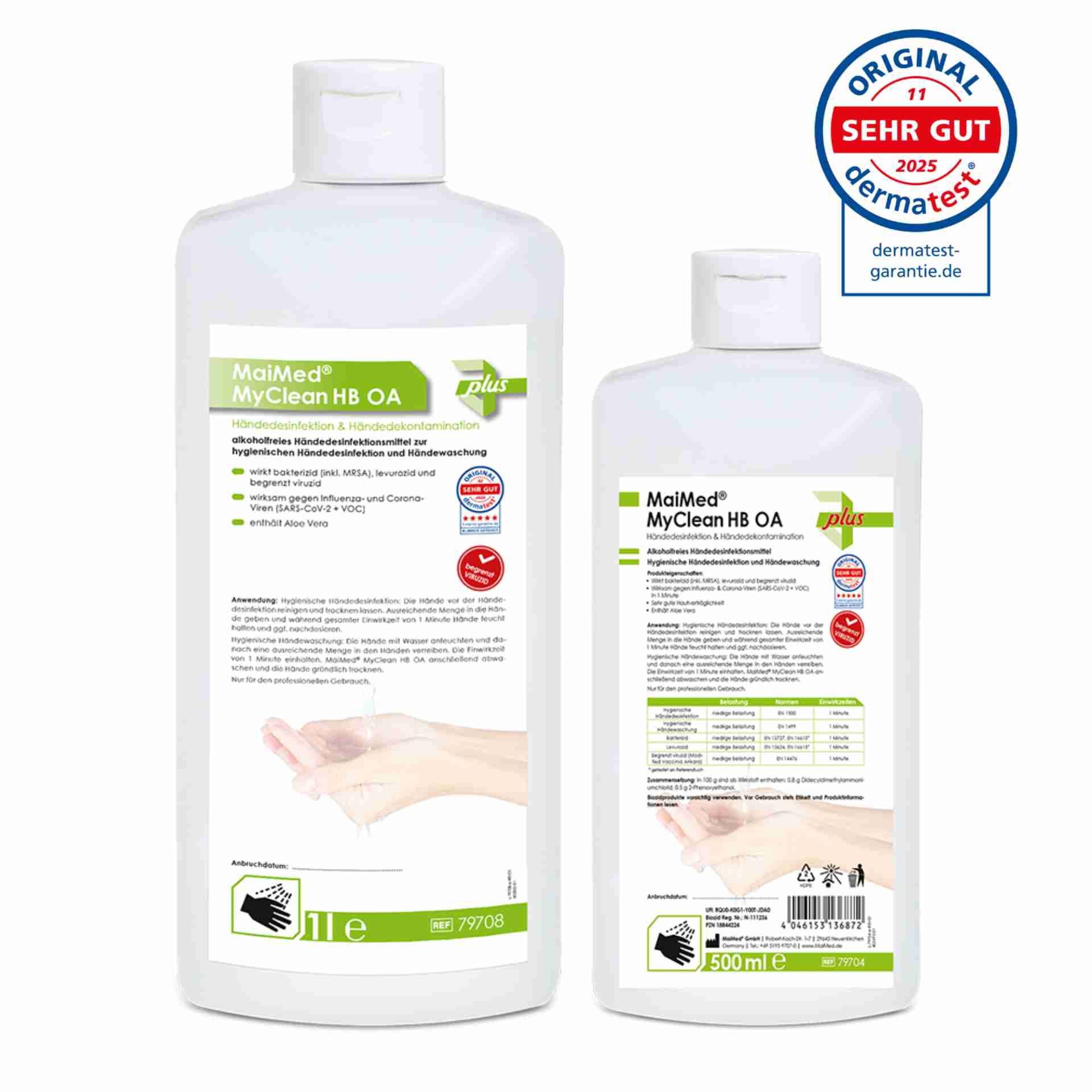 MaiMed® MyClean HB OA – Produktserie 500 ml und 1 l MaiMed® MyClean HB OA – alkoholfreies Händedesinfektionsmittel, 500 ml und 1 l Flasche