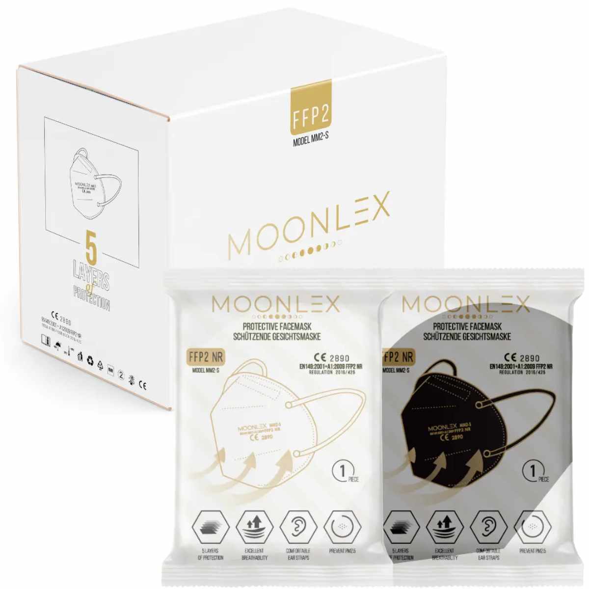 MOONLEX FFP2 Maske weiß und schwarz, einzeln verpackte Atemschutzmasken Made in Europe