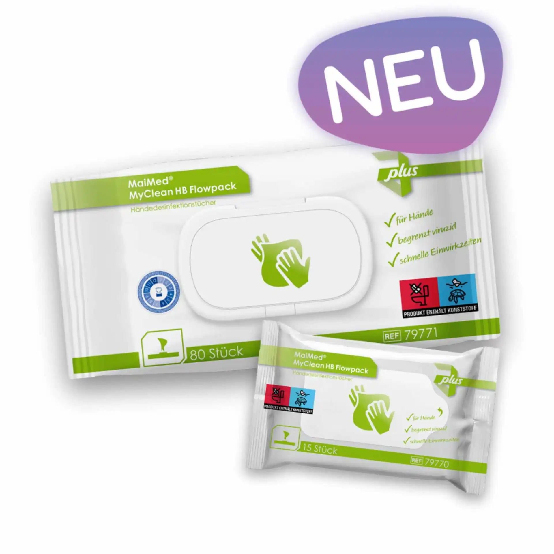 MaiMed® MyClean HB Flowpack – Händedesinfektionstücher 80 Stück und 15 Stück im Flowpack