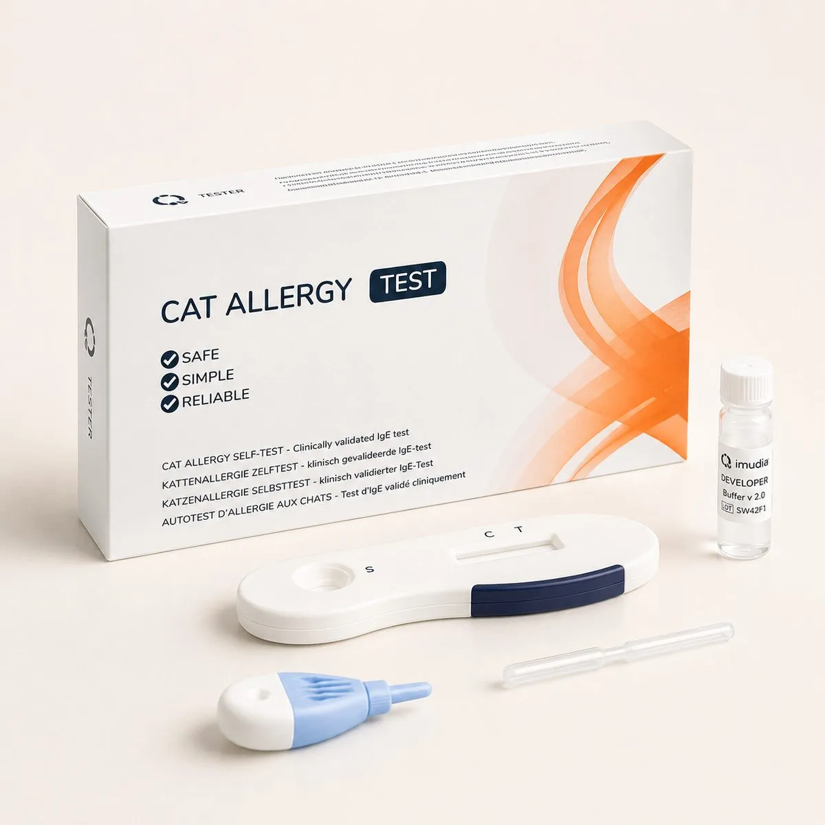 Katzenhaarallergie Selbsttest für Zuhause – Verpackung mit Testkomponenten