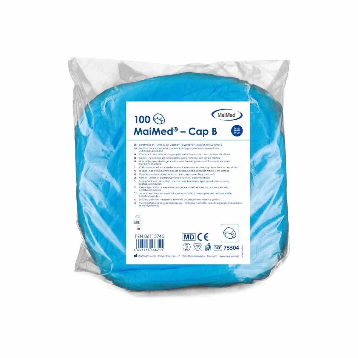 MaiMed Cap B Baretthaube Blau, 100 Stück im Beutel, aus weichem Polypropylen-Vliesstoff mit elastischem Gummizug.