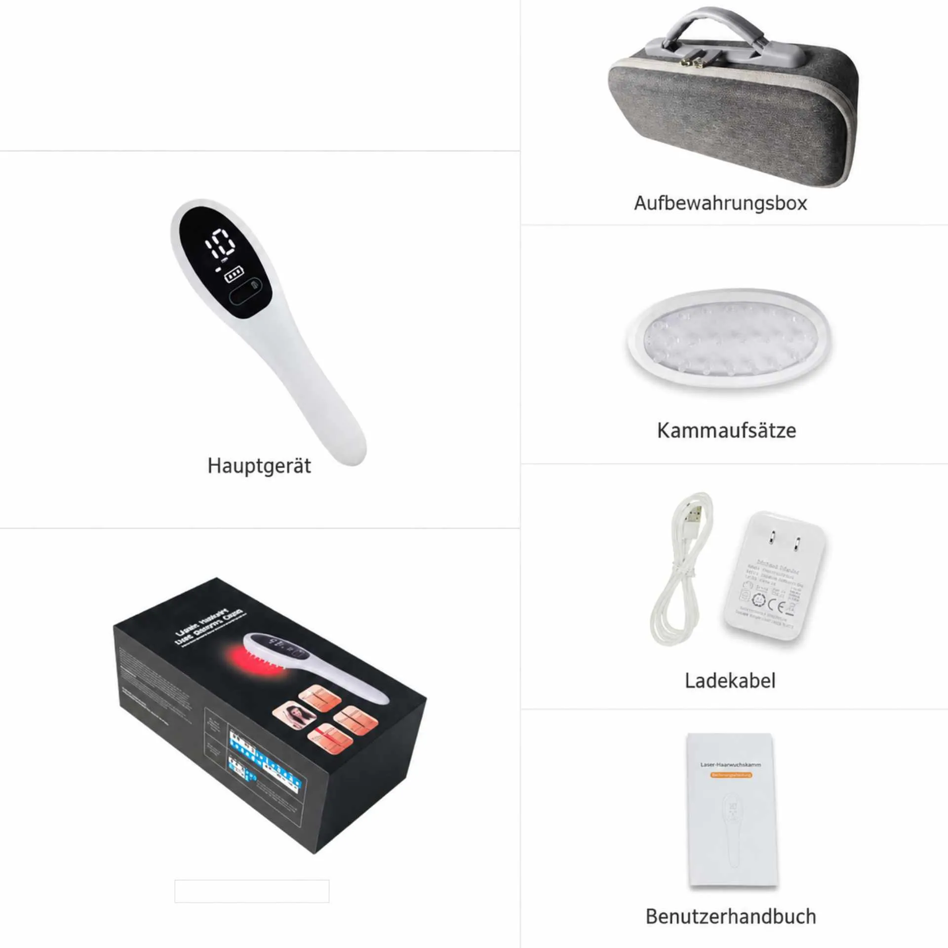 Lieferumfang Laser-Haarwuchskamm – Hauptgerät, Aufbewahrungsbox, Kammaufsatz, Ladekabel, Netzadapter, Bedienungsanleitung