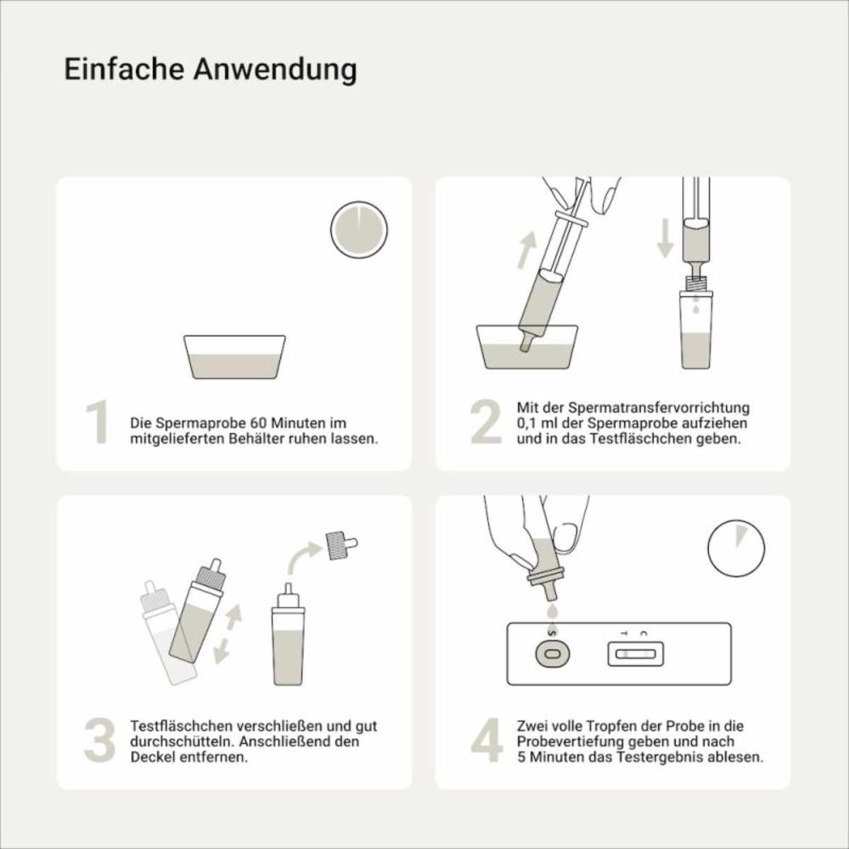 Einfache Anwendung des Fruchtbarkeitstests für Männer in vier Schritten: Probe ruhen lassen, aufziehen, mischen, Ergebnis ablesen