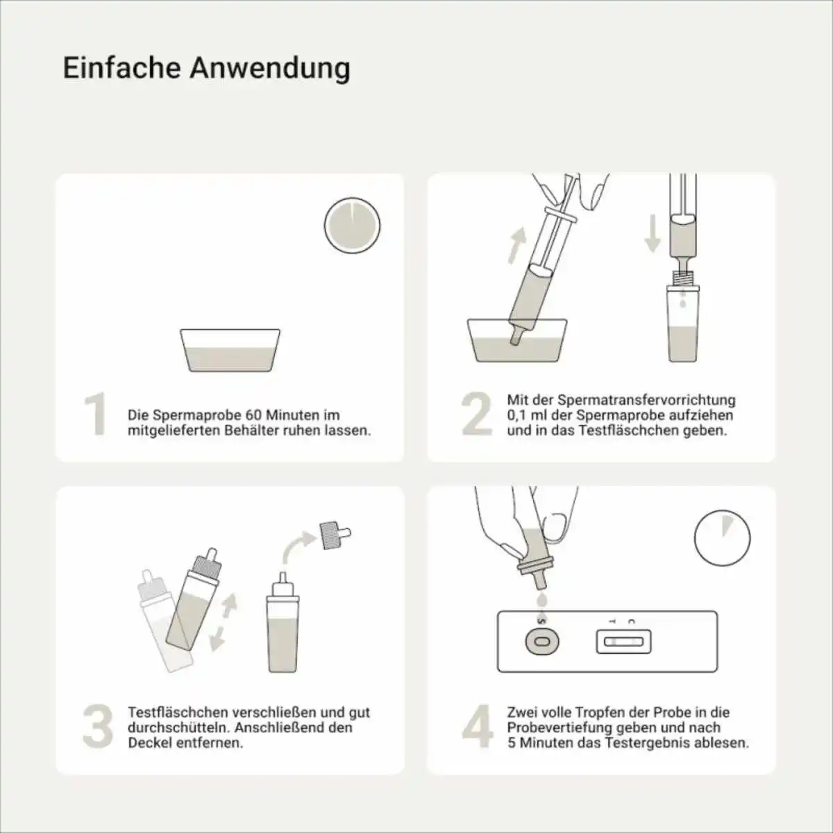 Einfache Anwendung des Fruchtbarkeitstests für Männer in vier Schritten: Probe ruhen lassen, aufziehen, mischen, Ergebnis ablesen