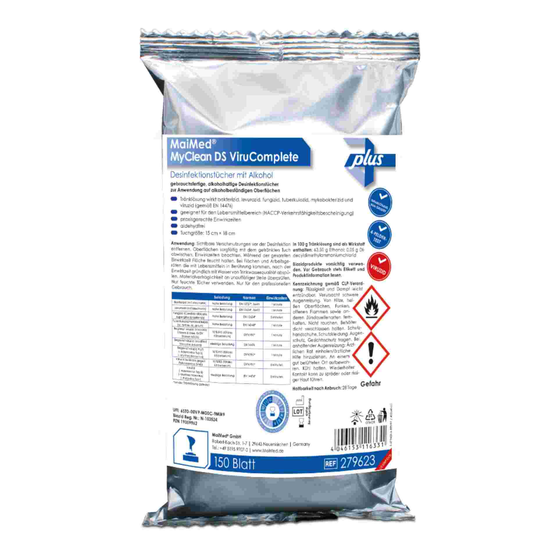MaiMed® MyClean DS ViruComplete – 150 Blatt / Pack MaiMed® MyClean DS ViruComplete – alkoholische Desinfektionstücher 15×18 cm, 150 Blatt, viruzid, VAH-gelistet