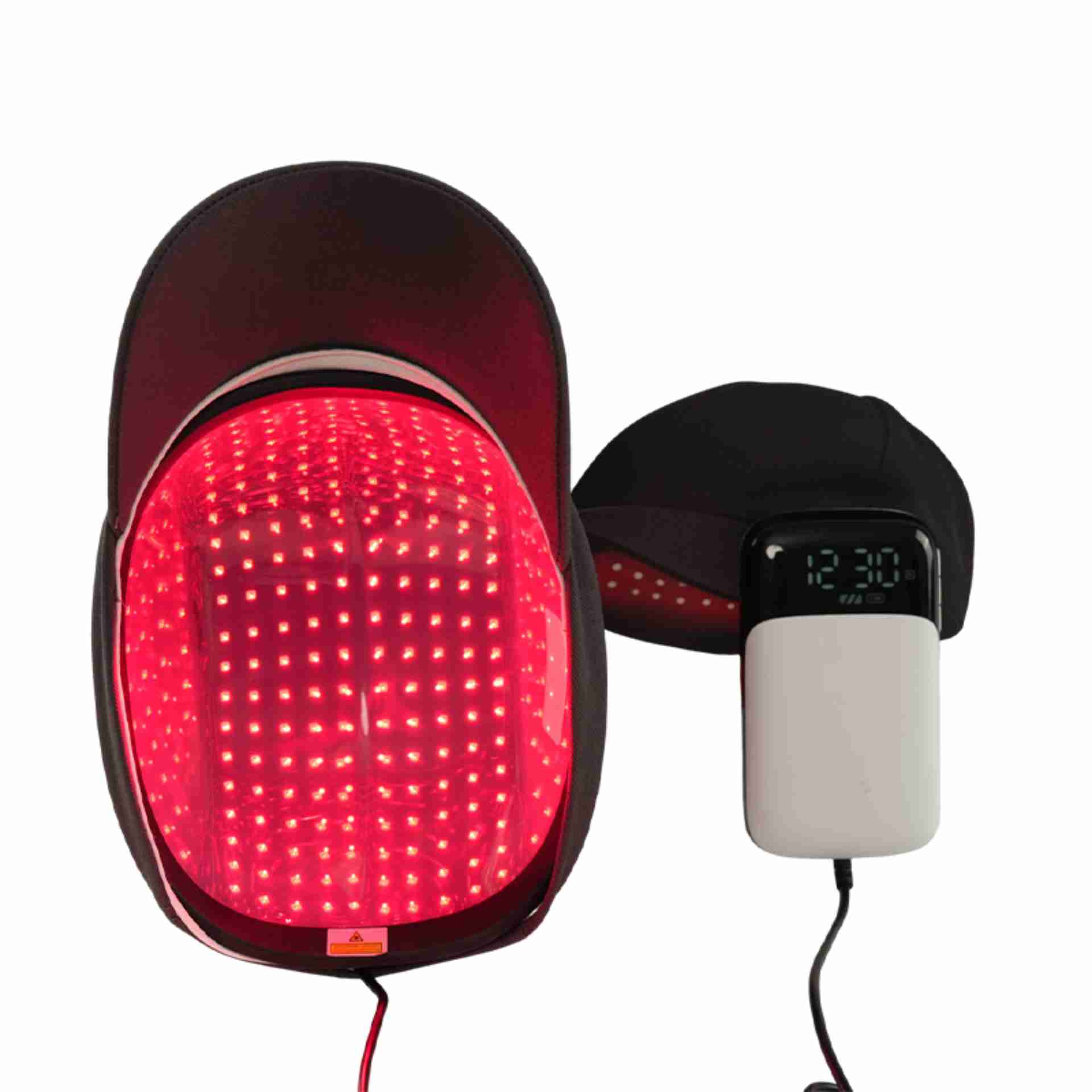 Laser Cap 272 – Innen- und Außenkappe mit Controller Laser Cap 272 aufgeklappt – innere Laserkappe mit 272 Dioden und äußere Kappe mit Controller und Timer