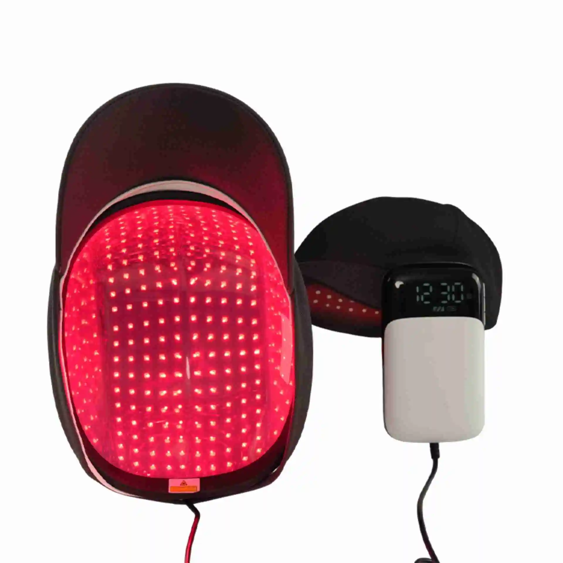 Laser Cap 272 aufgeklappt – innere Laserkappe mit 272 Dioden und äußere Kappe mit Controller und Timer