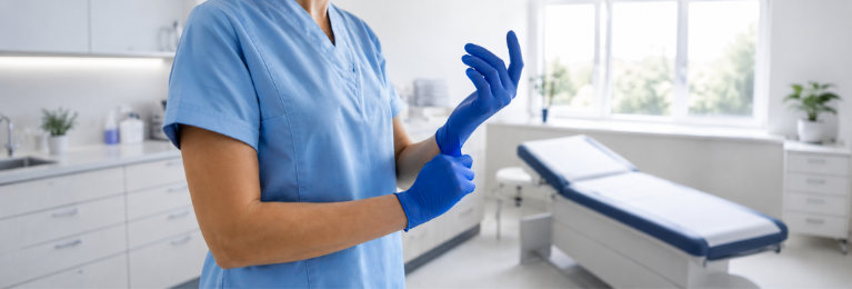 Medizinische Fachkraft zieht blaue Nitrilhandschuhe in der Praxis an