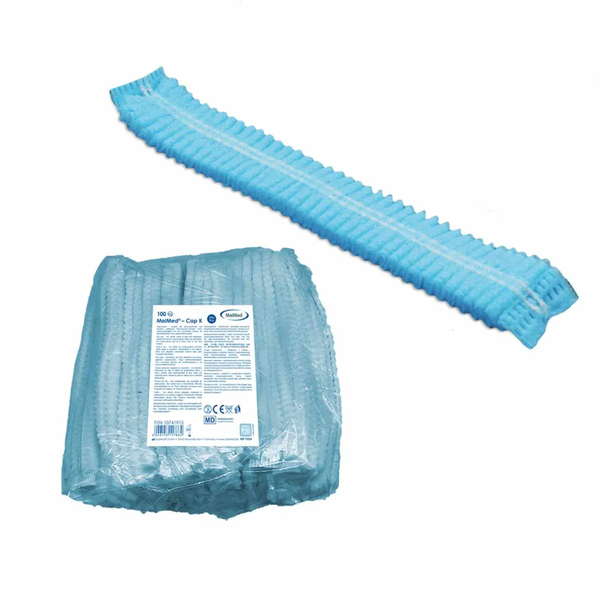 MaiMed Cap K Cliphaube in Blau aus Polypropylen-Vliesstoff mit elastischem Gummizug für Hygienebereiche in Klinik, Pflege und Lebensmittelindustrie.