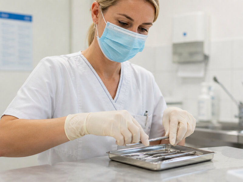 Person trägt Latexhandschuhe bei hygienischer Arbeit in medizinischem oder gewerblichem Umfeld