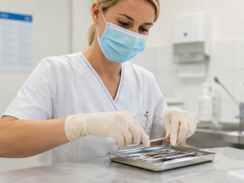 Person trägt Latexhandschuhe bei hygienischer Arbeit in medizinischem oder gewerblichem Umfeld