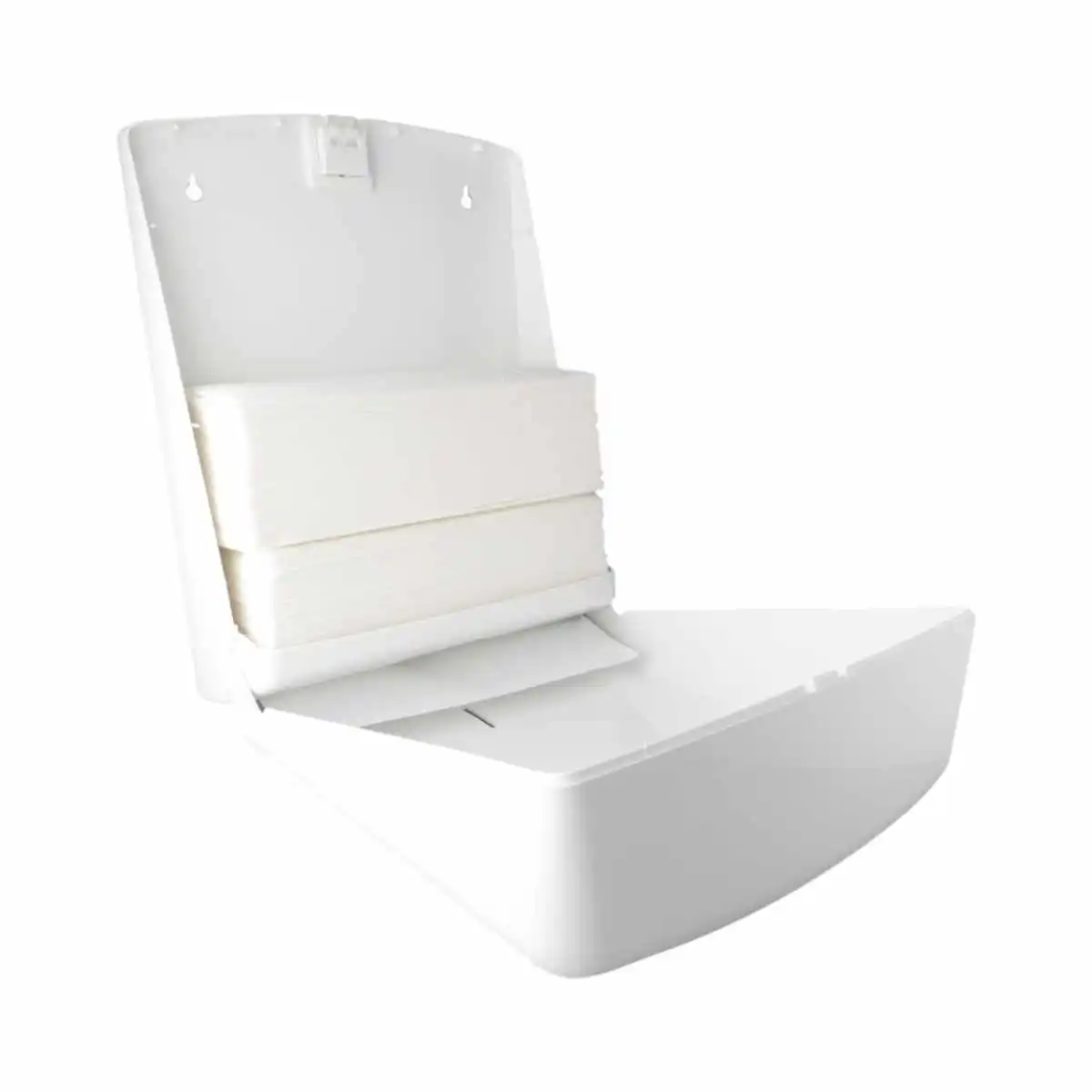 Geöffneter MaiMed® MyPureComfort Falthandtuchspender fit mit eingelegten V-Falz und Z-Falz Papierhandtüchern