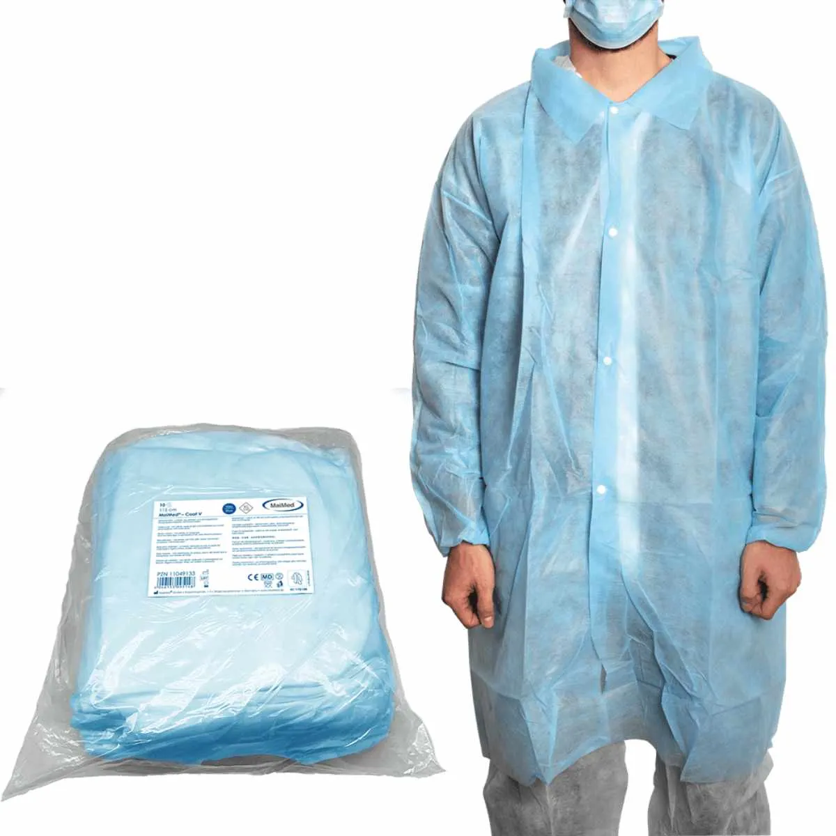 MaiMed® Coat V Einweg-Besucherkittel in Blau Größe XL mit Druckknopfleiste inklusive Produktverpackung