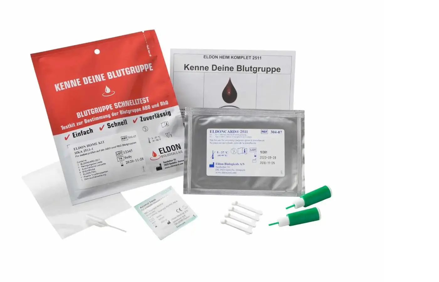 Lieferumfang: Eldoncard, Lanzette, Eldon-Sticks, Pipette und Anleitung