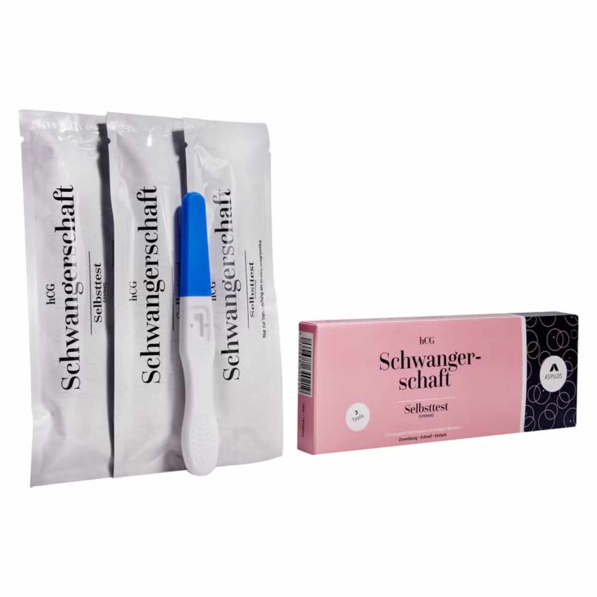 Schwangerschaftstest Lieferumfang: drei einzeln verpackte hCG-Teststäbchen neben der Verpackung