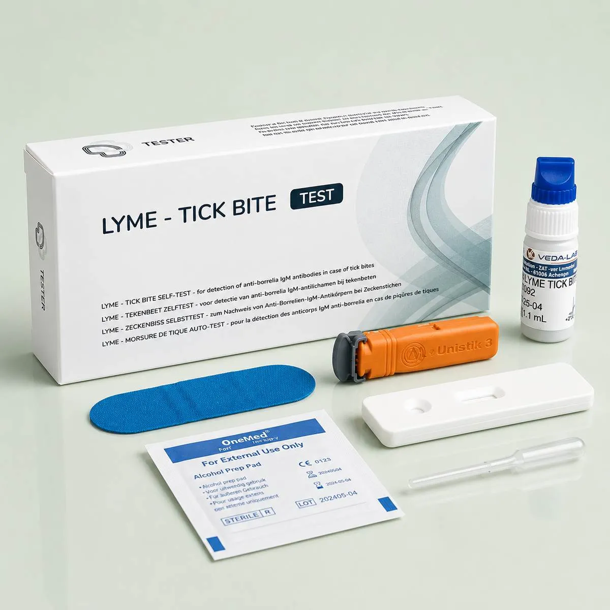 Borreliose (Lyme) Selbsttest für Zuhause – Verpackung mit Testkomponenten