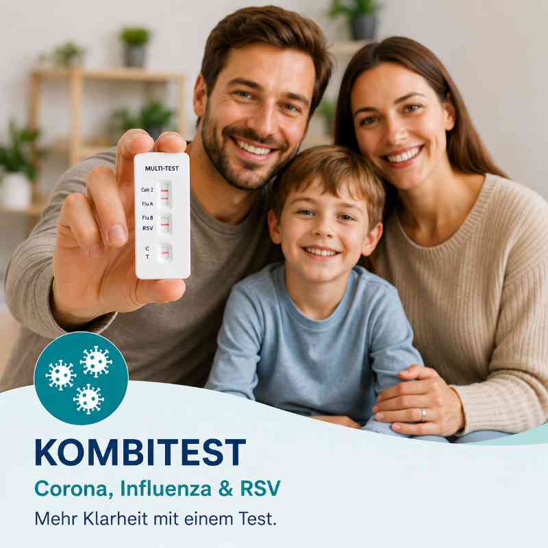 Kombitest für Corona, Influenza und RSV – Familie mit Multi-Infektions-Schnelltest zur Diagnose von Atemwegserkrankungen