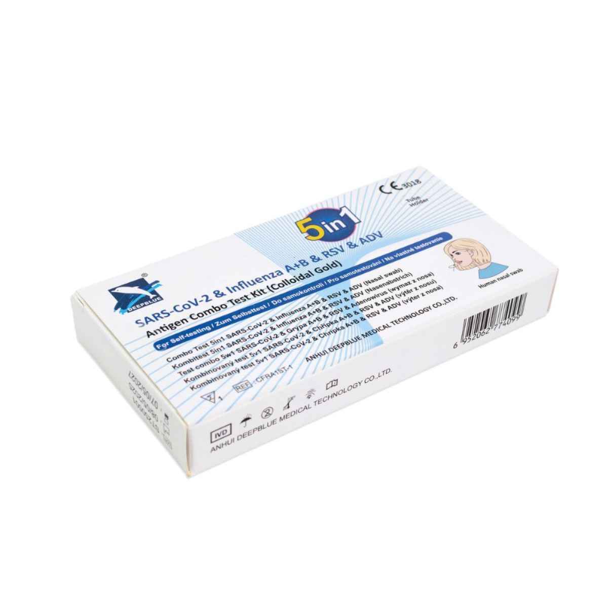 DeepBlue 5in1 Kombitest – Verpackung des Schnelltests für Corona, Influenza A/B, RSV und Adenoviren