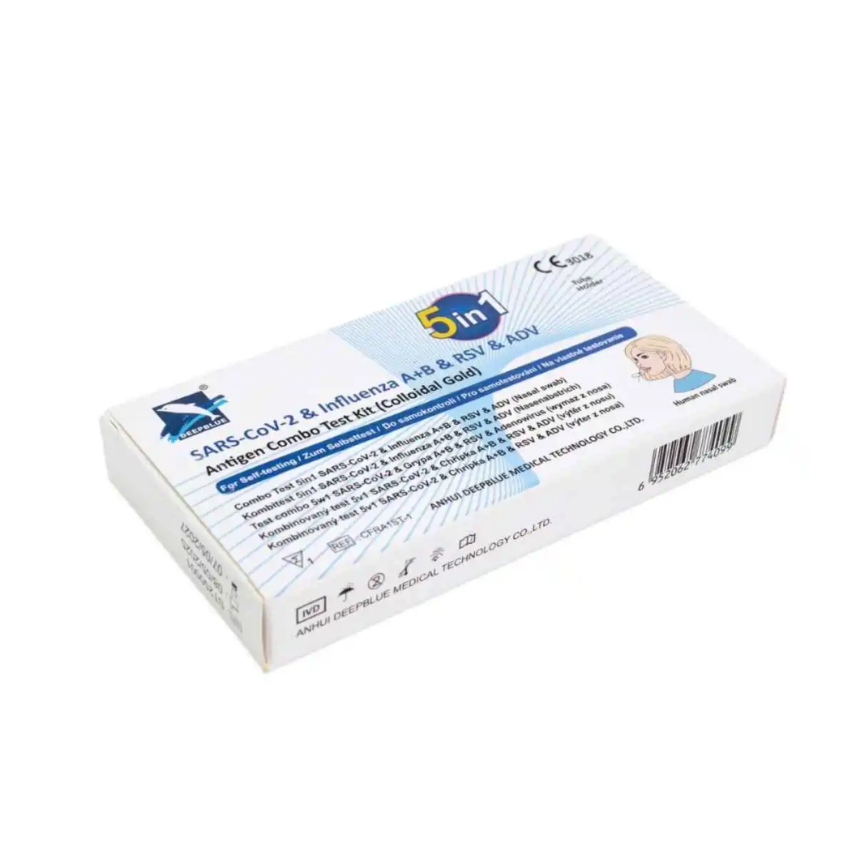 DeepBlue 5in1 Kombitest – Verpackung des Schnelltests für Corona, Influenza A/B, RSV und Adenoviren