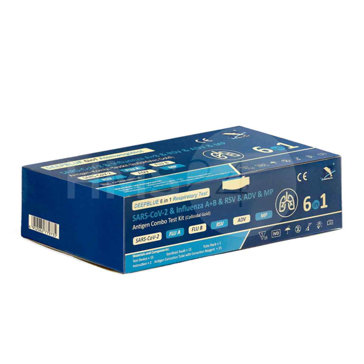 Deepblue 6in1 Profi Kombitest – Verpackung des Schnelltests für Corona, Influenza A/B, RSV, Adenoviren und Mycoplasma pneumoniae