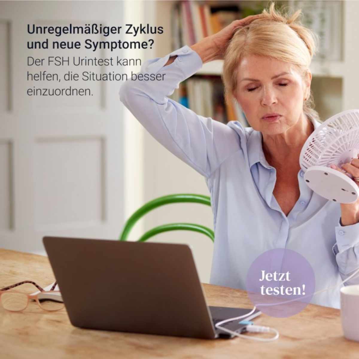 Frau mit Hitzewallungen und unregelmäßigem Zyklus als Anwendungskontext für den FSH Perimenopause Urintest