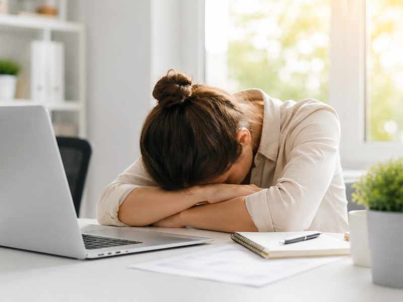 Müde Frau mit Kopf auf dem Schreibtisch als mögliches Symptom von Eisenmangel, Vitamin-D-Mangel oder Vitamin-B12-Mangel