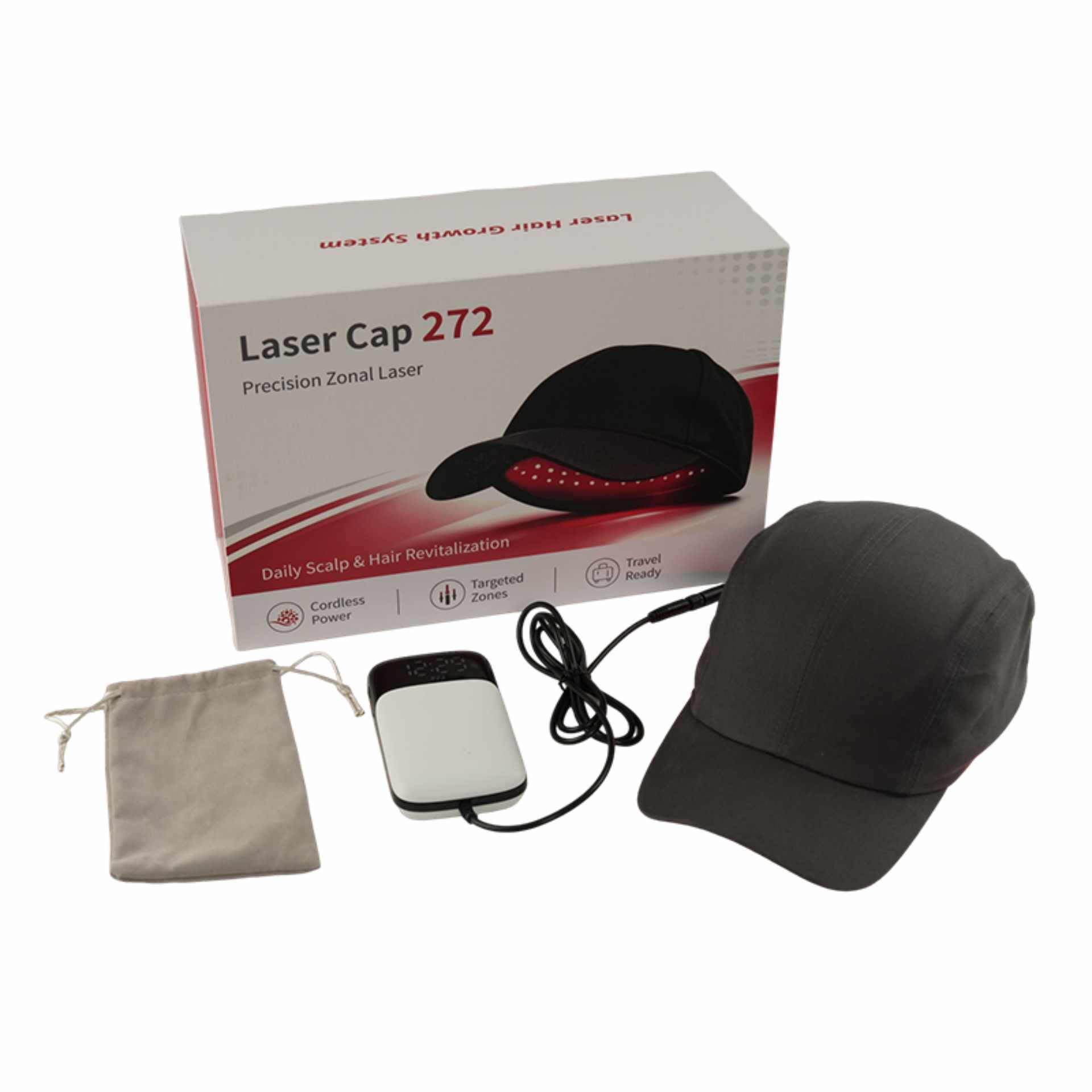 Laser Cap 272 Lieferumfang – komplettes Set Vollständiger Lieferumfang Laser Cap 272 – Verpackung, innere Laserkappe (integriert), äußere Stoffkappe, Controller, Ladekabel, Aufbewahrungsbeutel