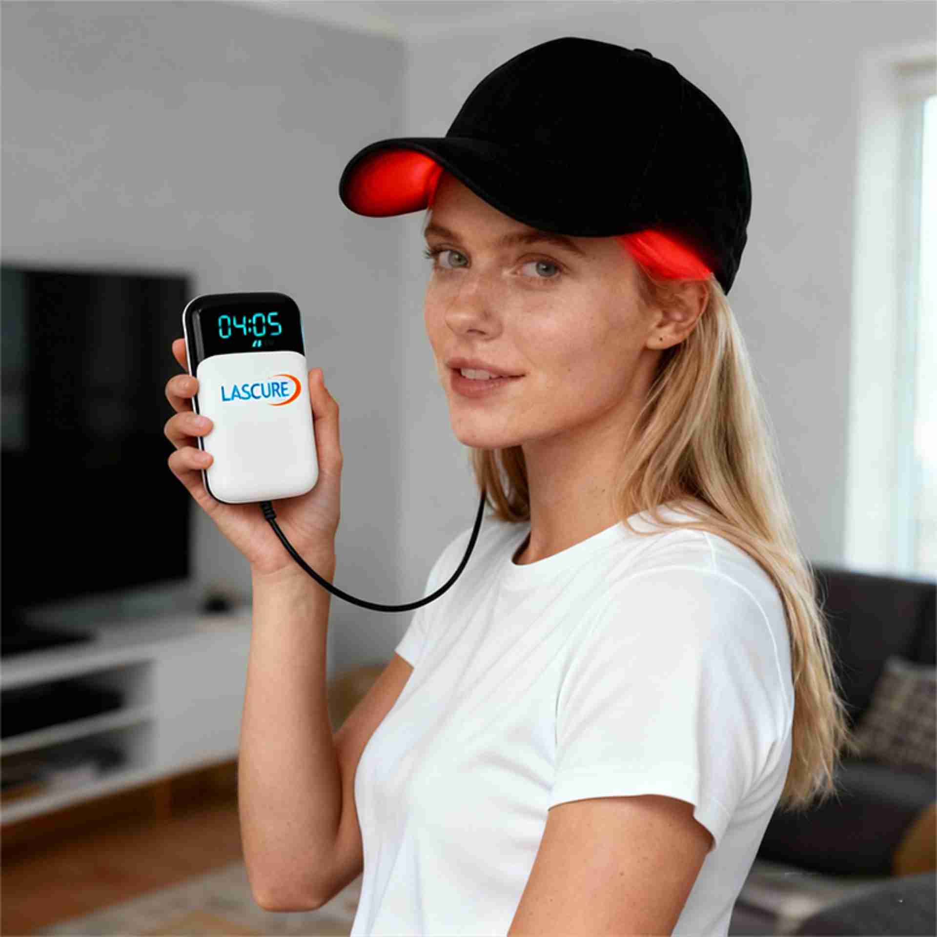Laser Cap 272 Anwendung – Controller mit Timer-Display Frau trägt Laser Cap 272 und zeigt Controller mit Timer-Display – LLLT-Behandlung gegen Haarausfall zu Hause