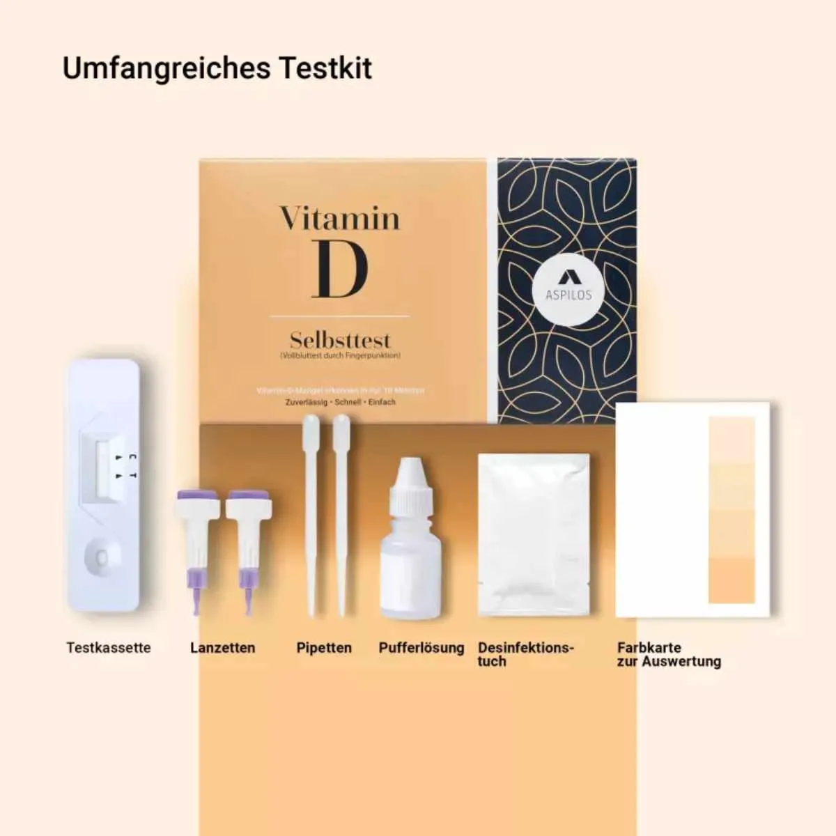 Lieferumfang des Vitamin D Selbsttests mit Testkassette, Lanzetten, Pipetten, Pufferlösung, Desinfektionstuch und Farbkarte zur Auswertung