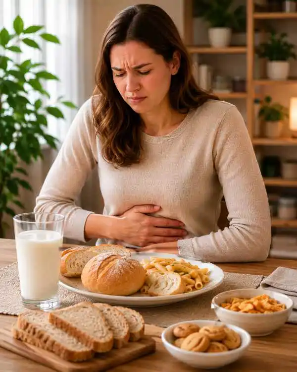 Person mit Beschwerden nach dem Essen als möglicher Hinweis auf eine Unverträglichkeit
