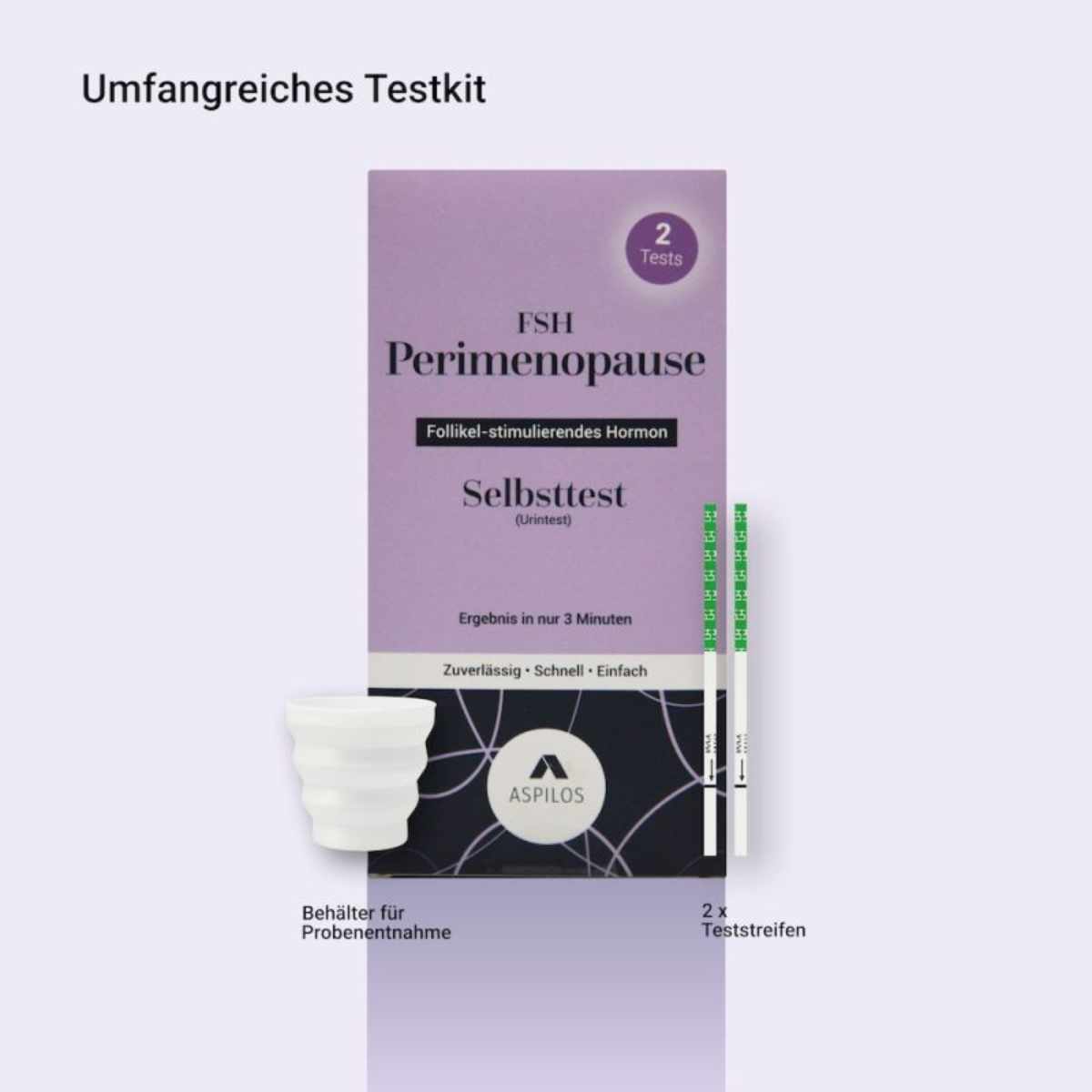FSH Perimenopause Selbsttest mit Probenbehälter und zwei Teststreifen