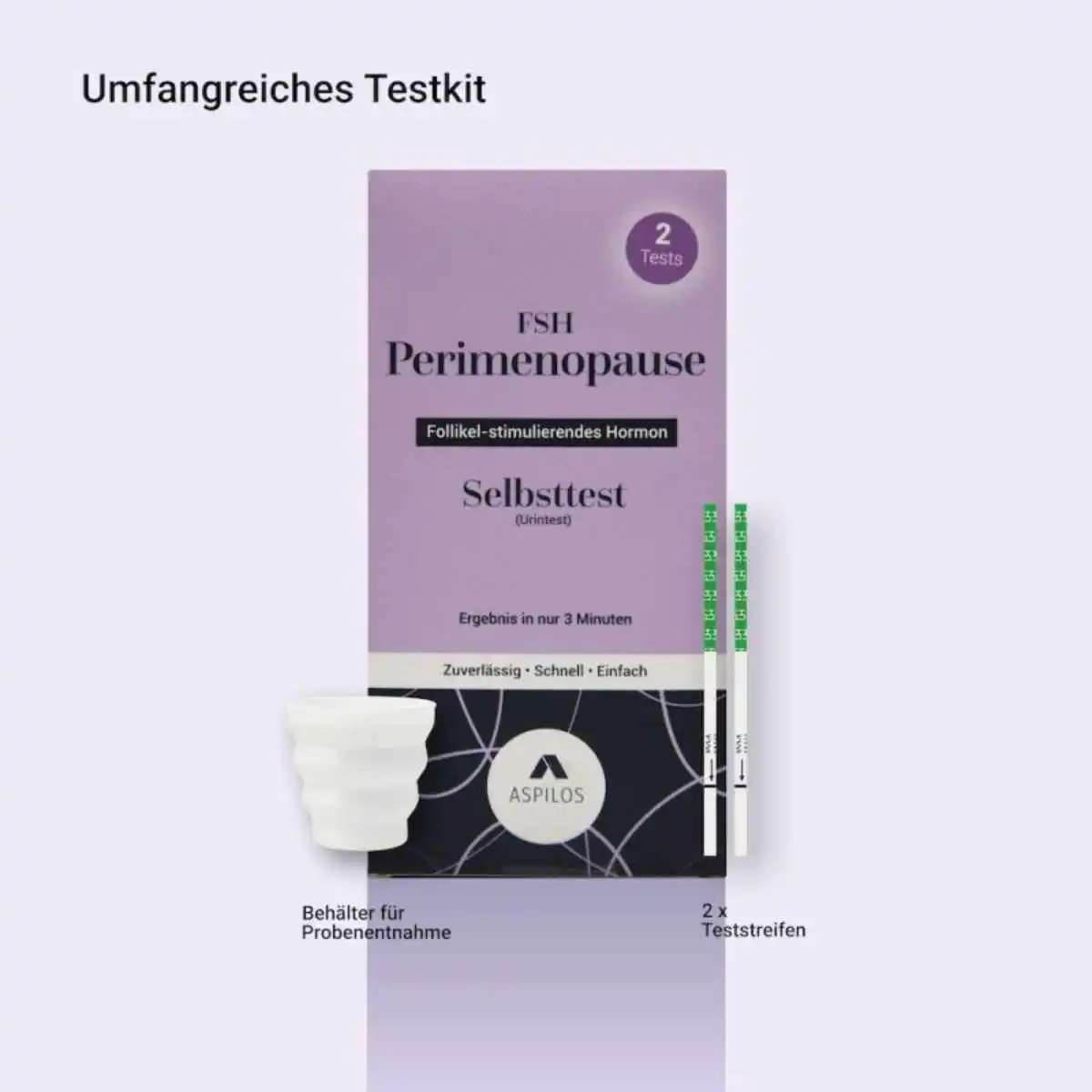 FSH Perimenopause Selbsttest mit Probenbehälter und zwei Teststreifen