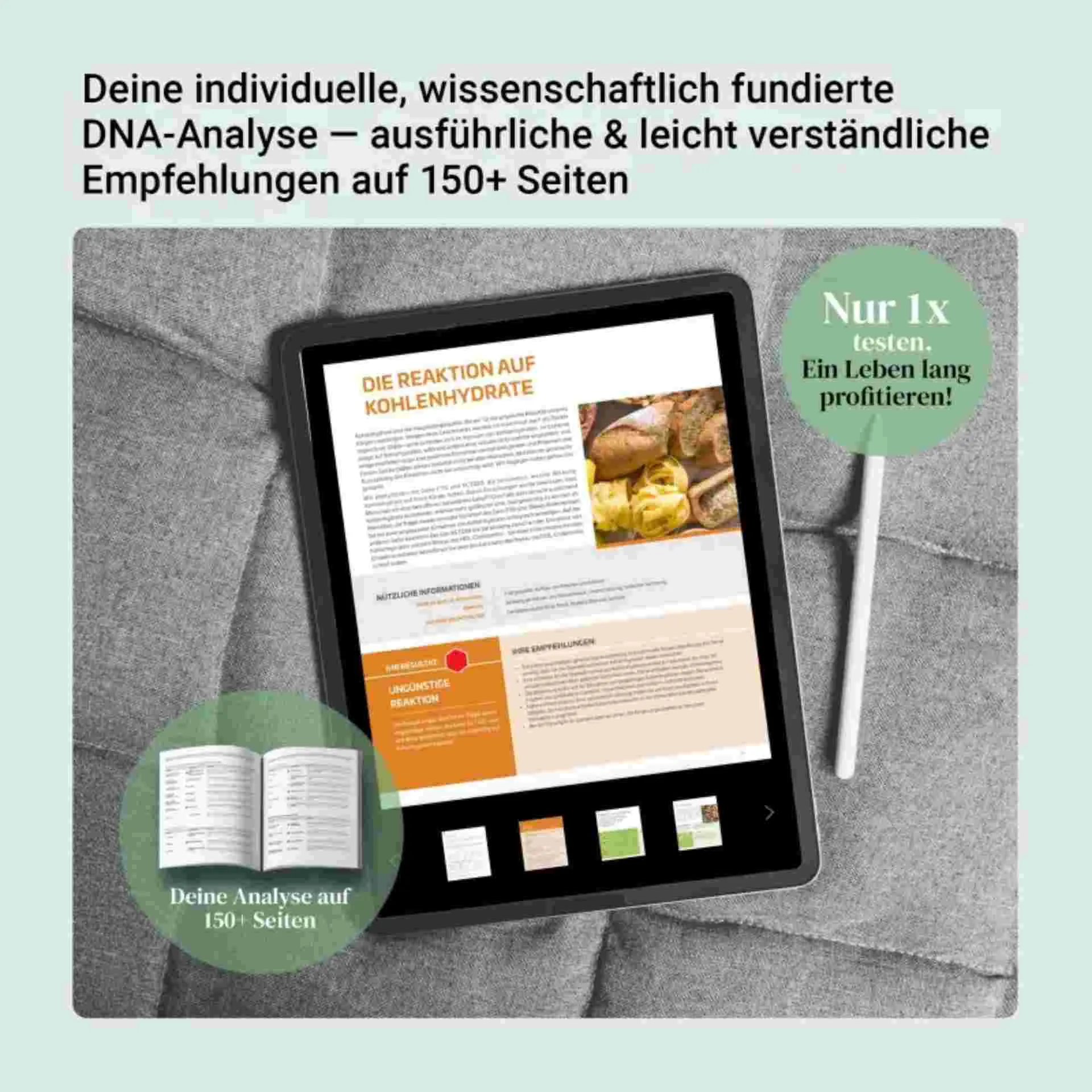Beispielseite des Better Health DNA-Analyseberichts auf Tablet – über 150 Seiten wissenschaftlich fundierte Gesundheitsempfehlungen