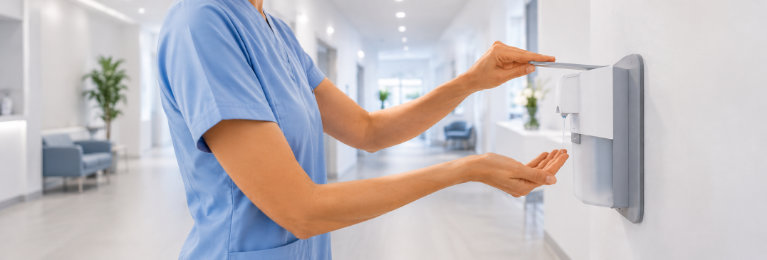 Hygienische Händedesinfektion am Spender in einer Praxis