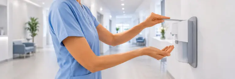 Hygienische Händedesinfektion am Spender in einer Praxis