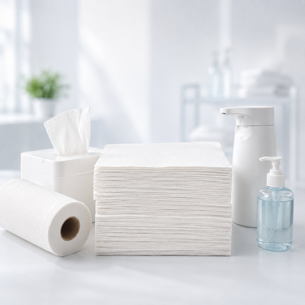 Gestapelte weiße Papierhandtücher und Hygieneartikel