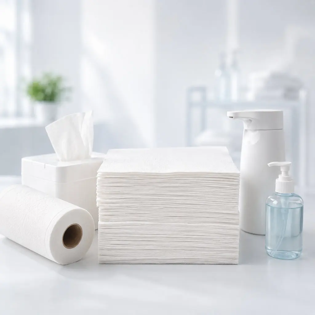 Gestapelte weiße Papierhandtücher und Hygieneartikel