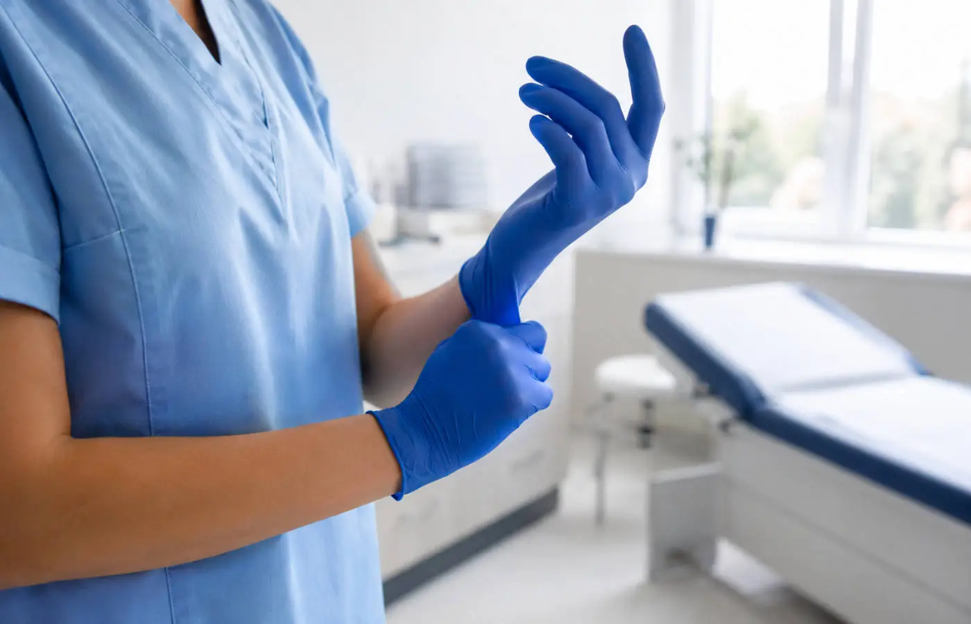 Medizinische Fachkraft zieht blaue Nitrilhandschuhe in der Arztpraxis an