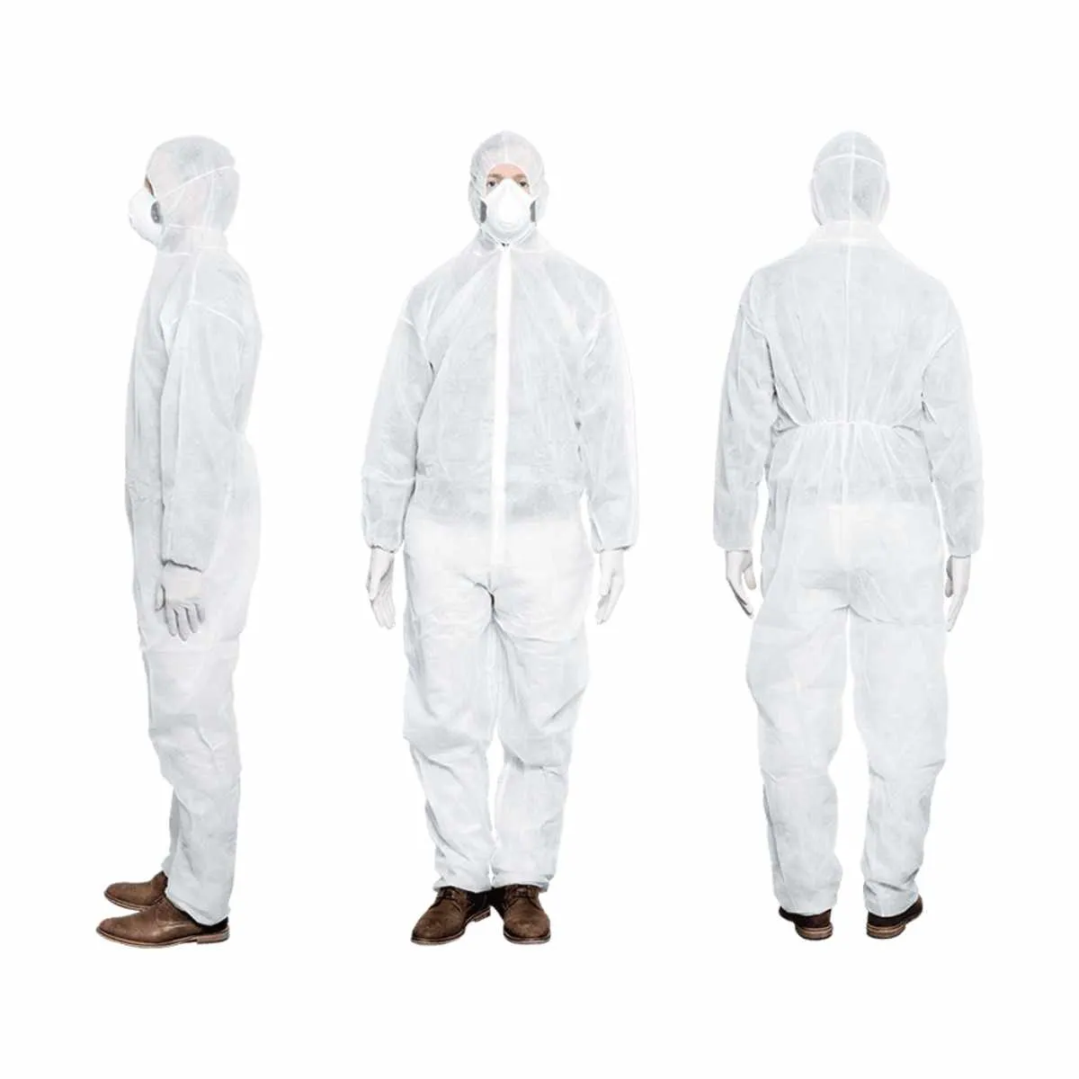 MaiMed Overall Schutzanzug in Weiß mit Kapuze in Vorder-, Seiten- und Rückansicht für den professionellen Einsatz in Hygiene- und Schutzbereichen.