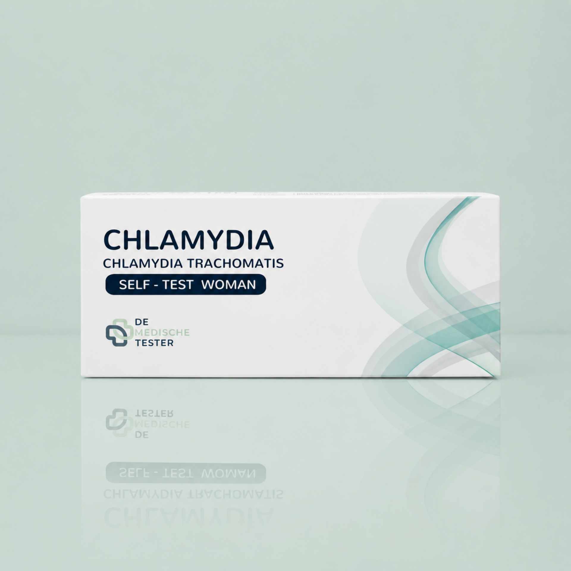 Chlamydien Schnelltest Frauen als Packshot vor mintfarbenem Hintergrund