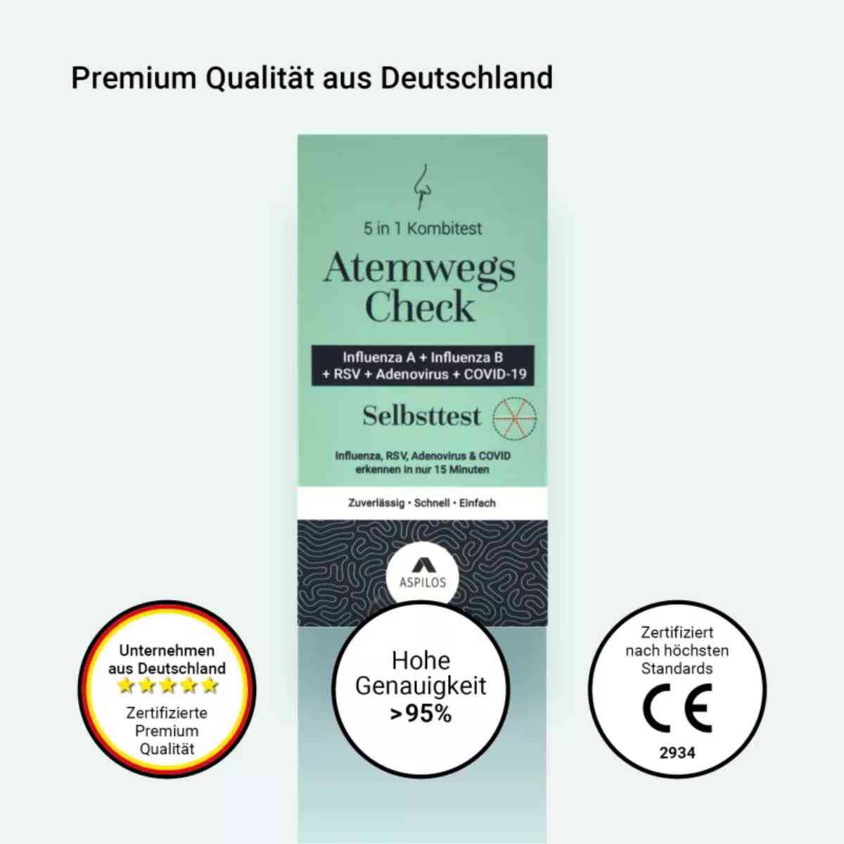 Atemwegs-Check 5in1 Kombitest – Verpackung des Schnelltests für Corona, Influenza A/B, RSV und Adenoviren mit deutscher Beschriftung